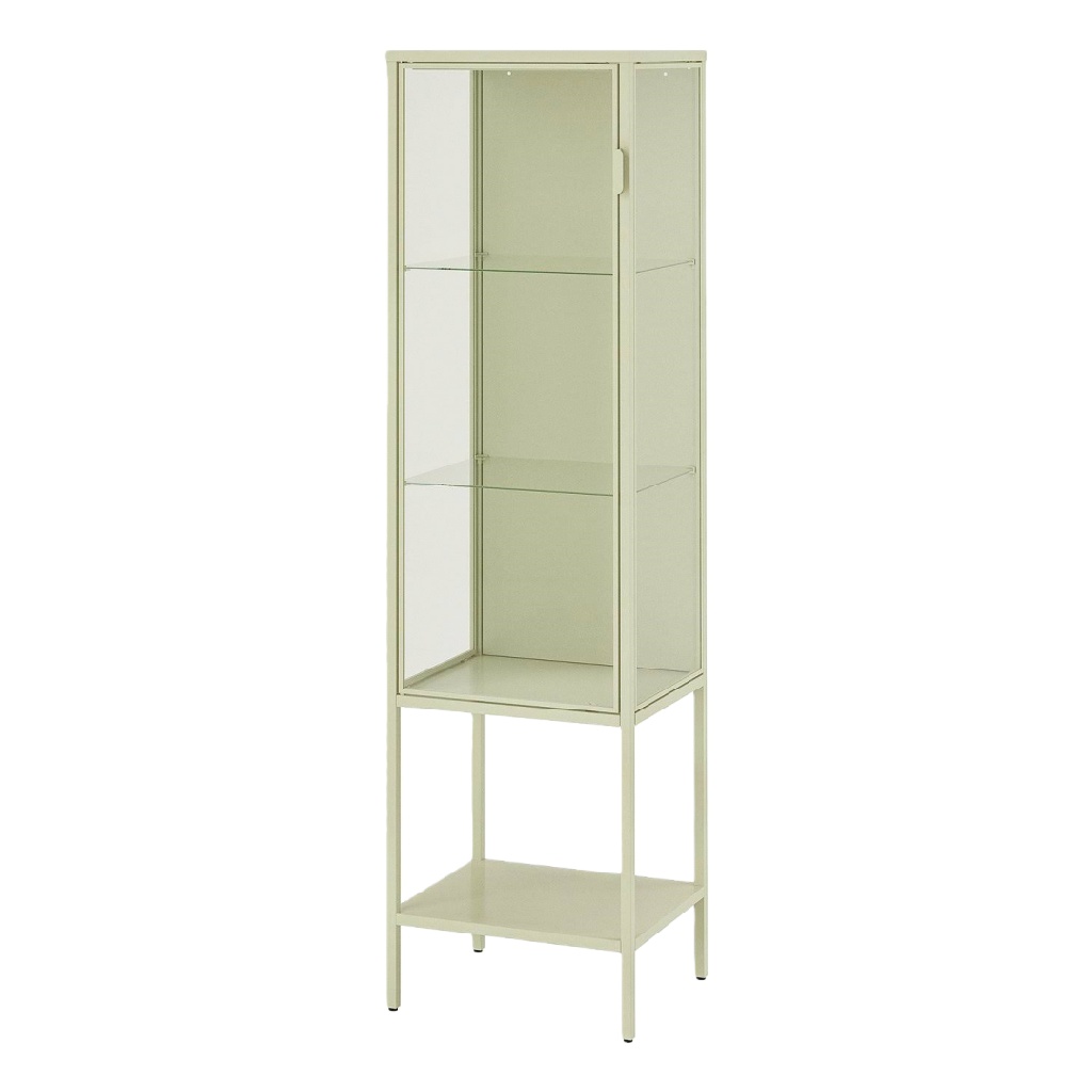 Vitrine moderne en métal et verre — structure fine beige clair — 3 étagères en verre — design minimaliste