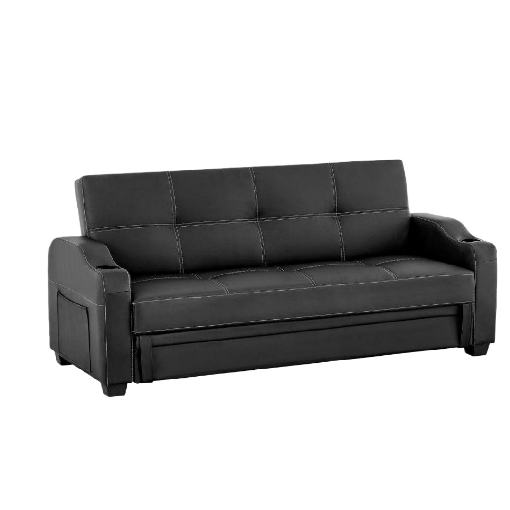Canapé convertible 3 places en simili cuir noir – design moderne, couchage d’appoint et assise confortable