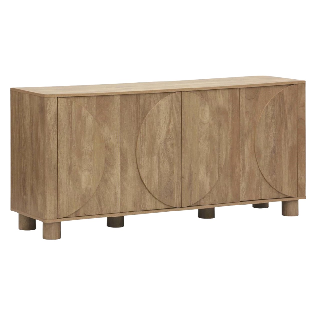 Buffet moderne en bois massif avec motif circulaire sculpté — 4 portes — style contemporain / scandinave / art déco