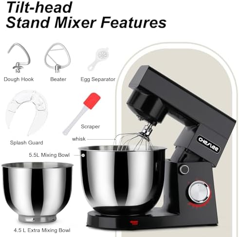 Robot Patissier CHeflee,1500 W Robot Patissier,avec Bol en Acier Inoxydable de 4,5 et 5,5 L,10 P Vitesse,avec Crochet Mélangeur,Crochet Pétrisseur,Fouet et Protection Anti Eclaboussures (Noir） : Cuisine et Maison