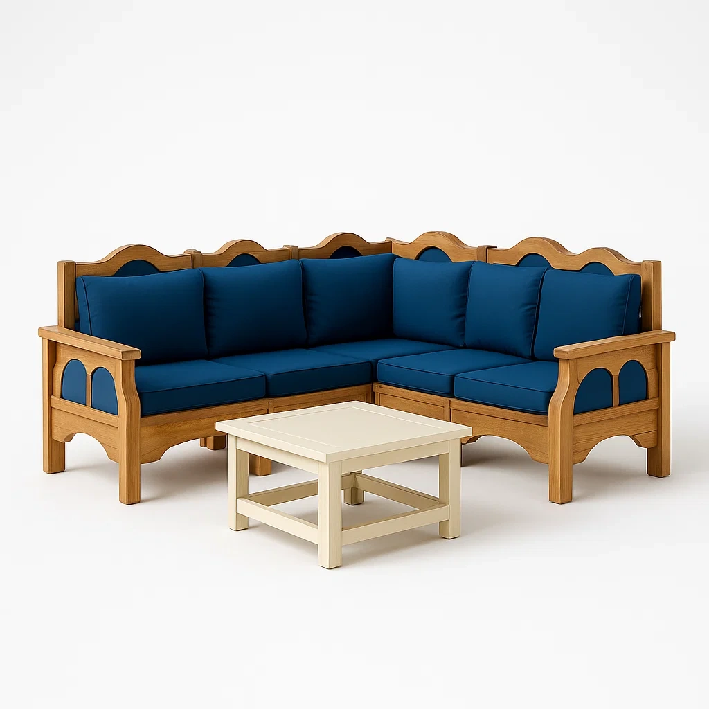 Canapé d’angle en bois avec coussins en tissu polyester