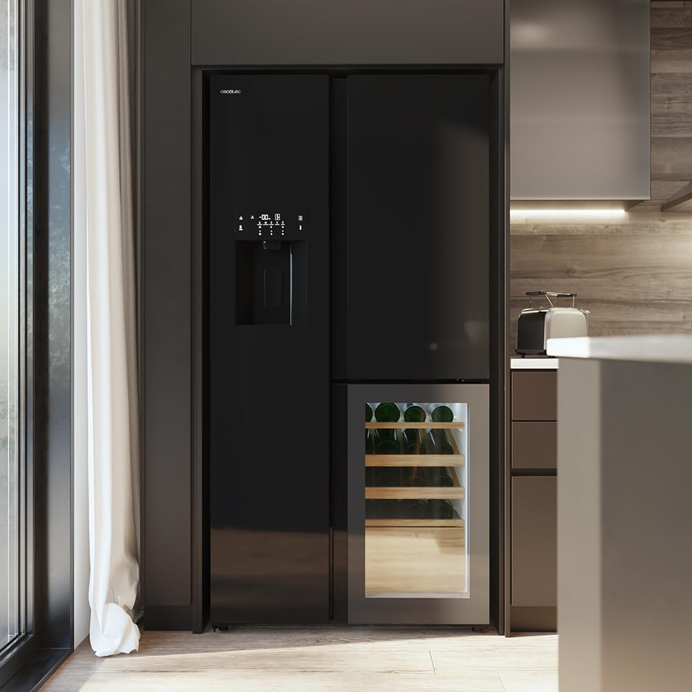 Cecotec Réfrigérateur avec 3 portes Bolero CoolMarket TDW 529 WID Black Glass E. Réfrigérateur 3 portes noir, cave à vin, 529L, Inverter Plus, Total N
