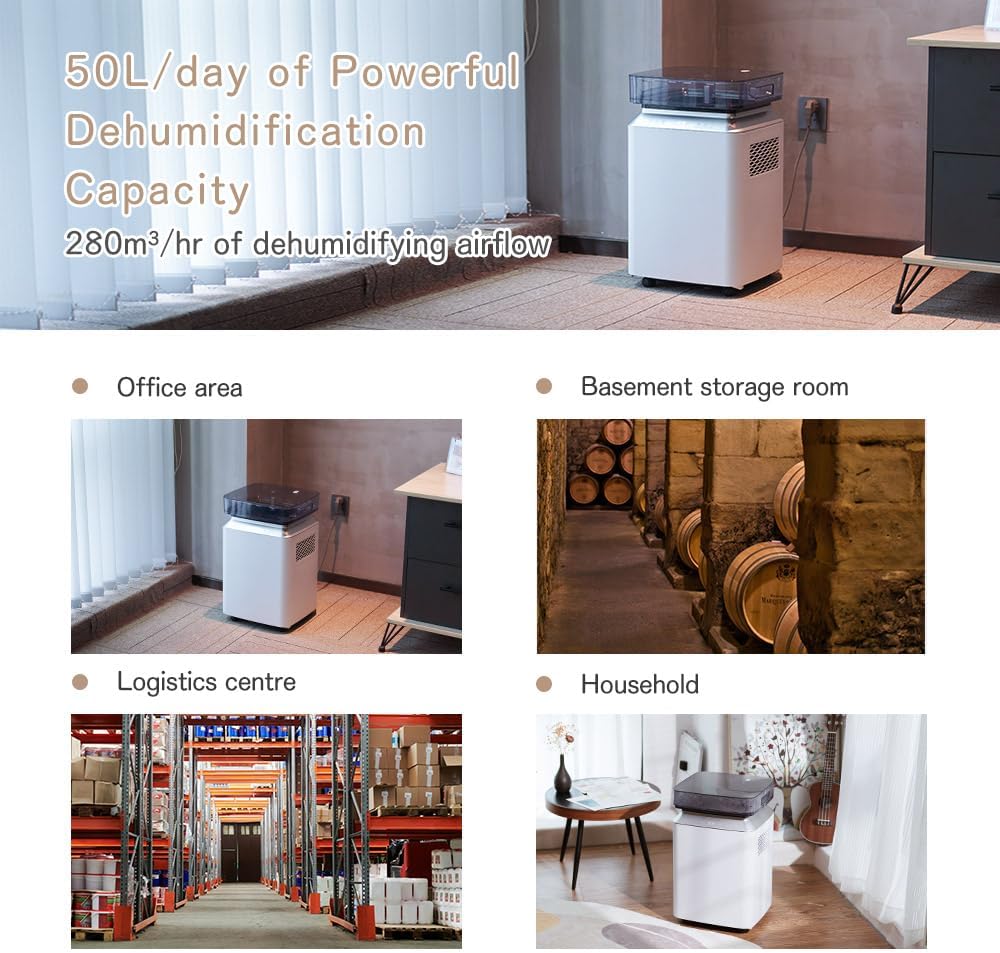 Kalopsia 50L/Jour Deshumidificateur Electric Commercial: Déshumidificateurs avec Pompe et Tuyau de Drainage Deshumidificateurs Compresseur Écologique R290 Minuterie 24Hr Déshumidificateur Cave Garage