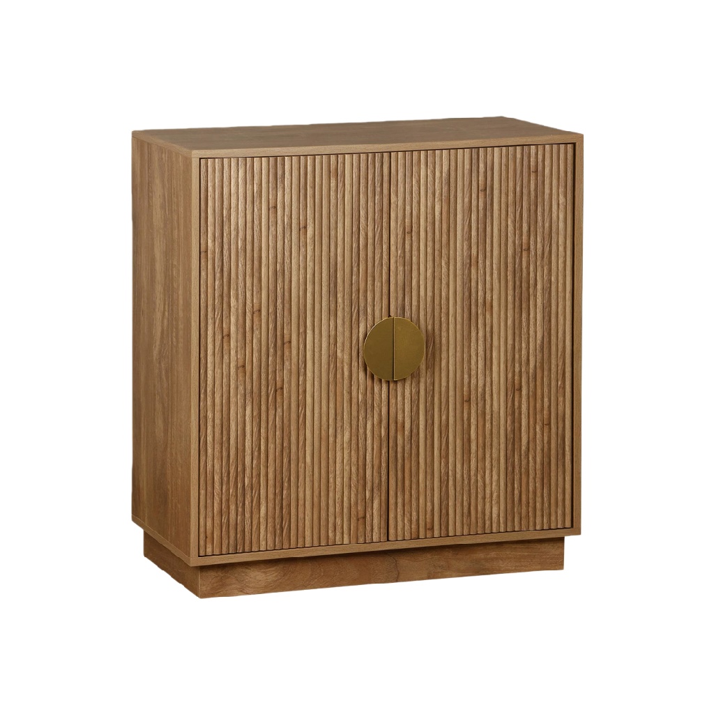 Buffet moderne en bois nervuré avec poignée dorée — 2 portes — style contemporain / art déco — meuble de rangement compact