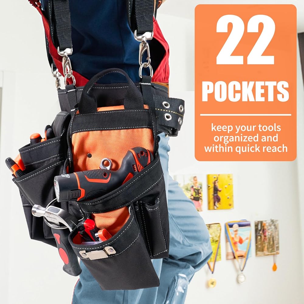 Ceinture à outils avec bretelles – Ceinture à outils pour homme, 22 poches, organiseur d'outils robuste pour encadreurs, charpentiers, électriciens, menuisiers, menuisiers, orange : Bricolage