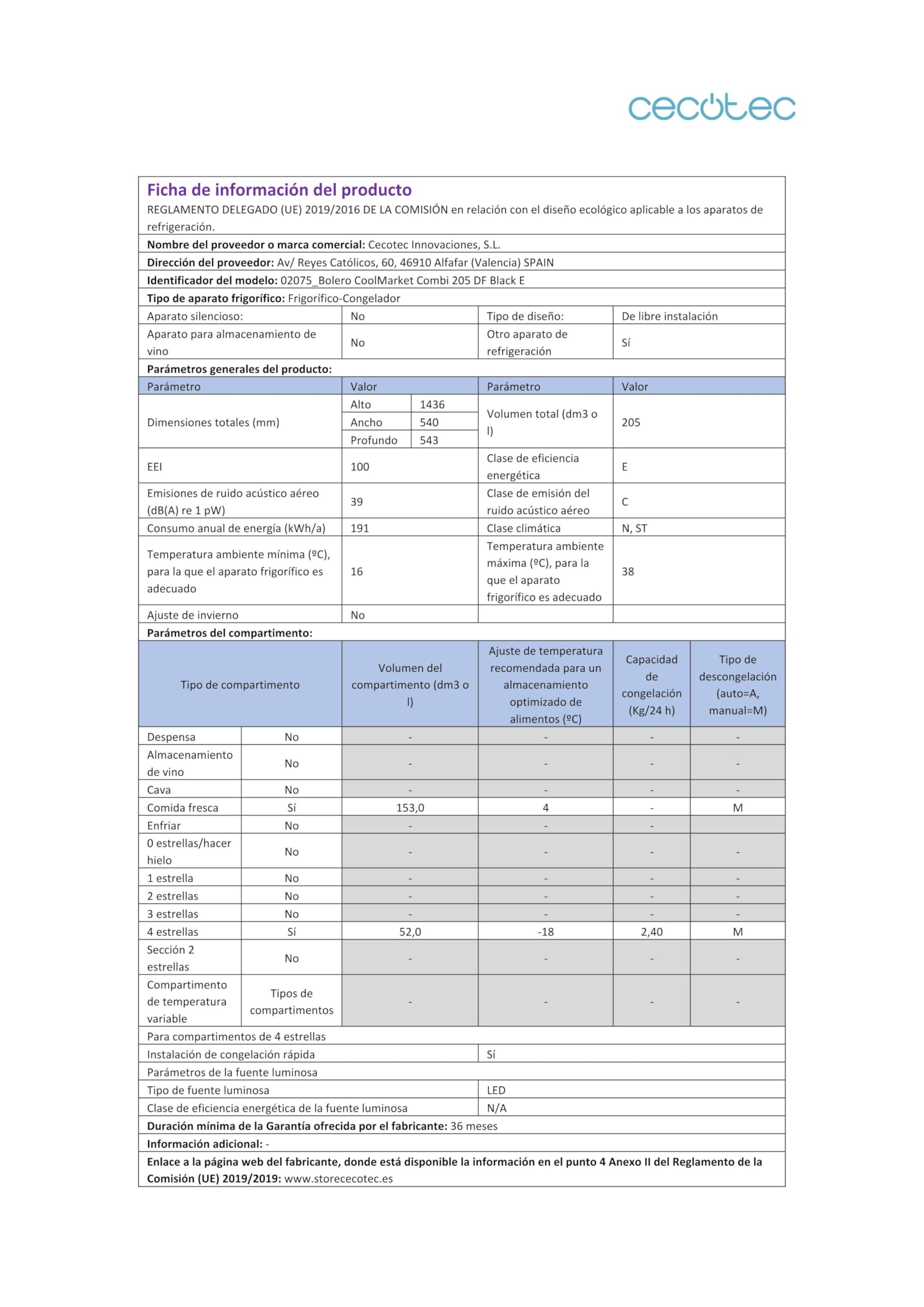 Cecotec Réfrigérateur combinés Bolero CoolMarket Combi 205 DF Black. 117L, 169x54cm, Defrost, Classe E, Fast Cooling.