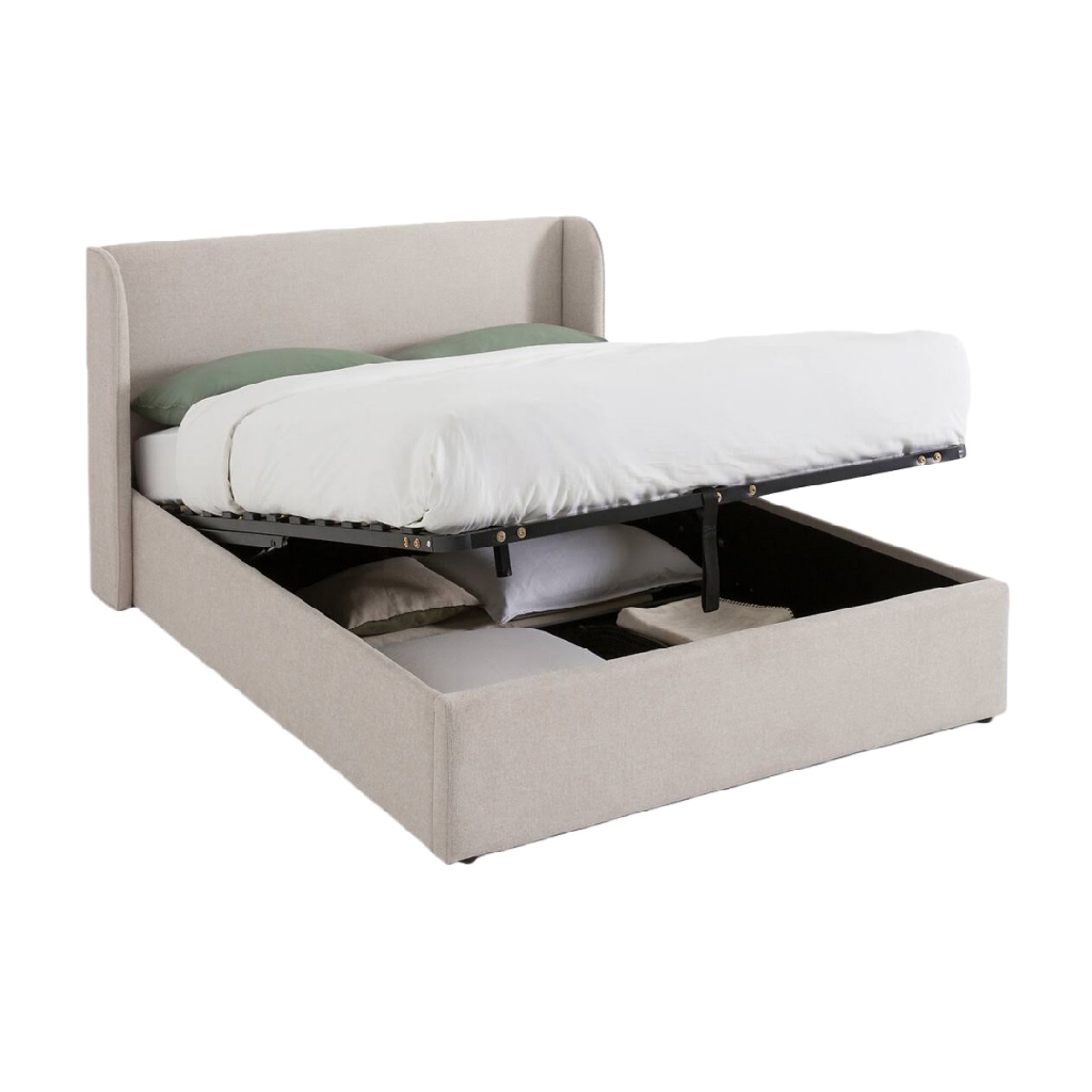 Lit coffre en tissu beige clair — Espace de rangement intégré — Design contemporain