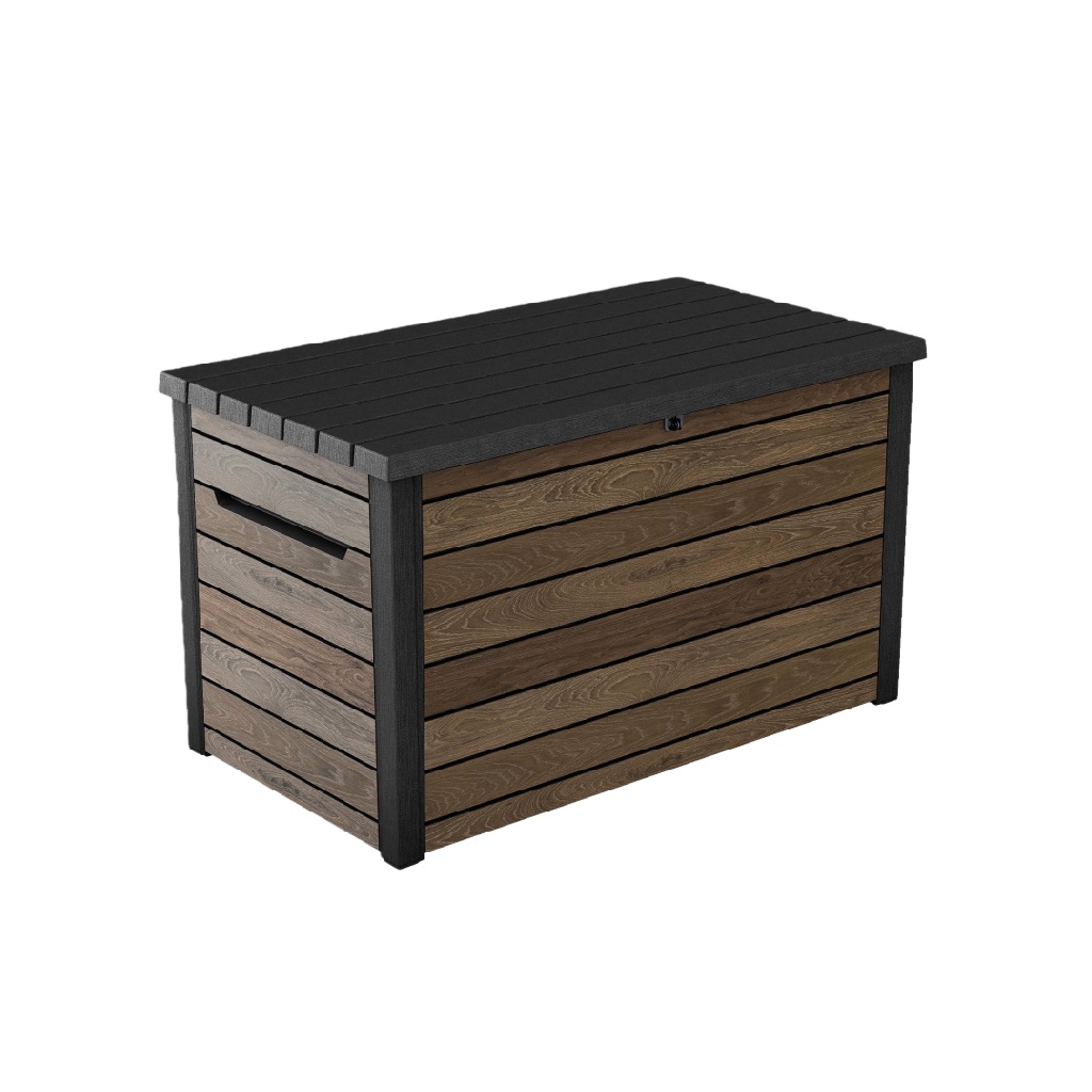 Coffre de rangement extérieur effet bois en résine gris foncé, coffre étanche avec couvercle verrouillable