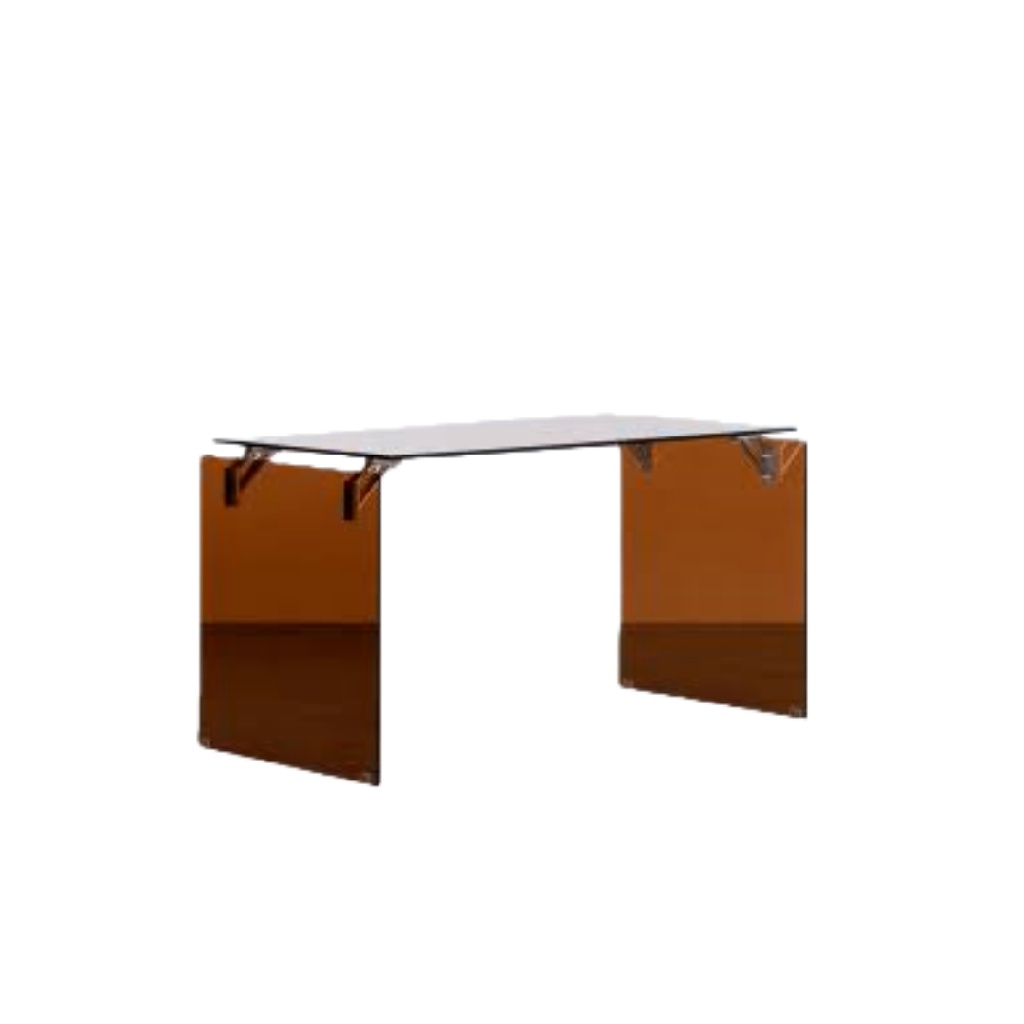 Bureau moderne en verre ambre — Plateau transparent et pieds colorés