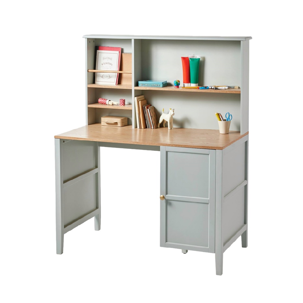 Bureau avec étagère de rangement intégré gris clair et bois naturel
