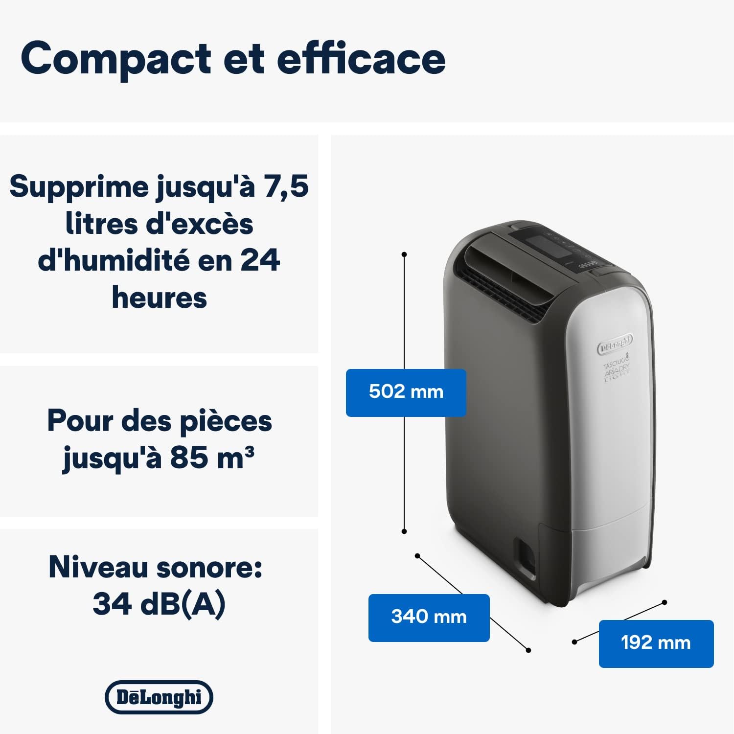 De'Longhi Déshumidificateur d'Air DNS80, Purificateur, Compact et Discret, 7.5L/Jour, Blanc