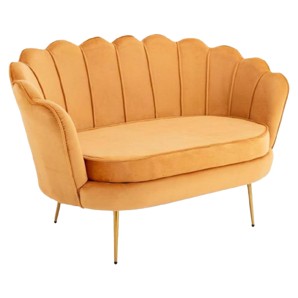 Canapé 2 places en velours jaune moutarde – dossier coquille et pieds dorés