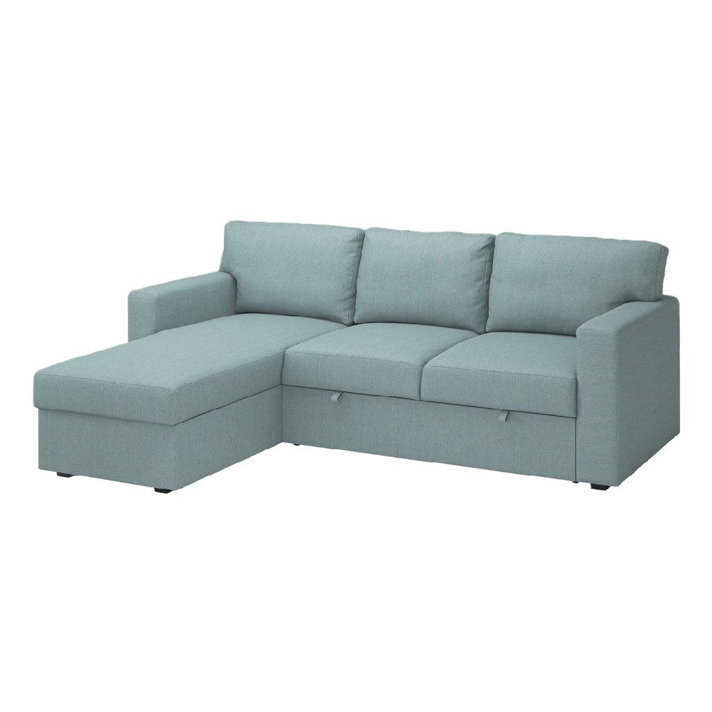 Canapé d’angle convertible avec coffre de rangement, méridienne gauche, tissu bleu clair
