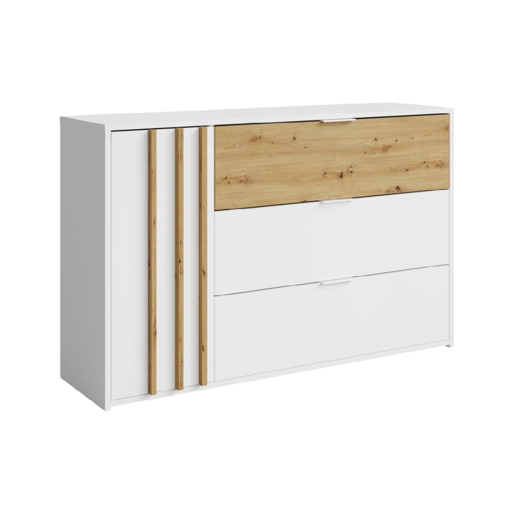 Buffet moderne blanc et chêne 3 tiroirs + 1 porte – 150×95×40 cm, design scandinave, rangement salon/chambre