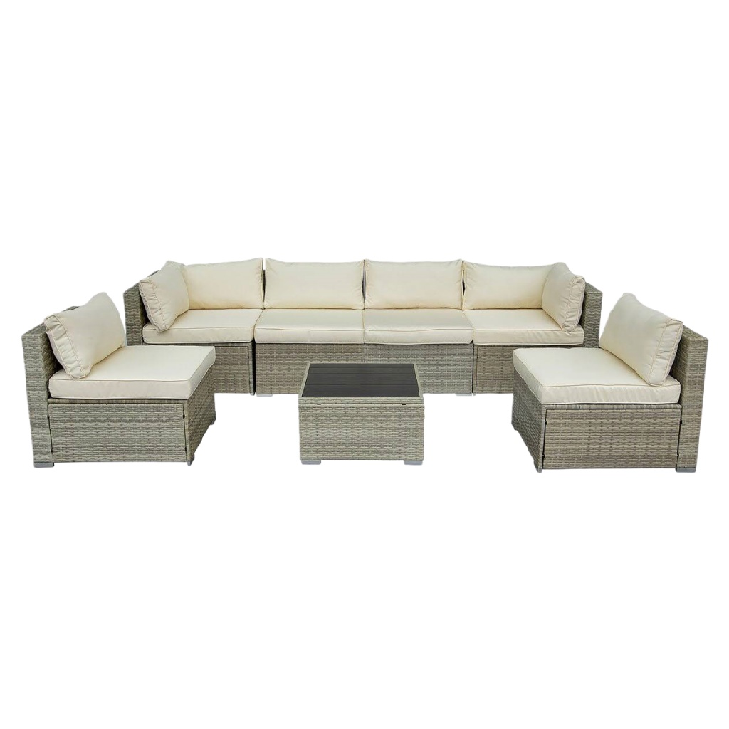 Salon de jardin modulable en résine tressée gris clair – 6 places – coussins beige