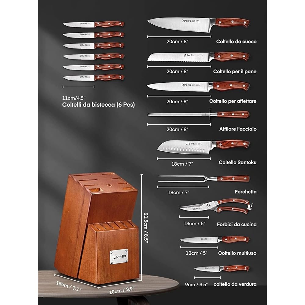 D.Perlla Couteau de Cuisines, 16 Pièces Ensemble Set Couteaux de Cuisine en Acier Inoxydable avec Bloc en Bois, Bloc de Couteaux pour la Cuisine : Cuisine et Maison