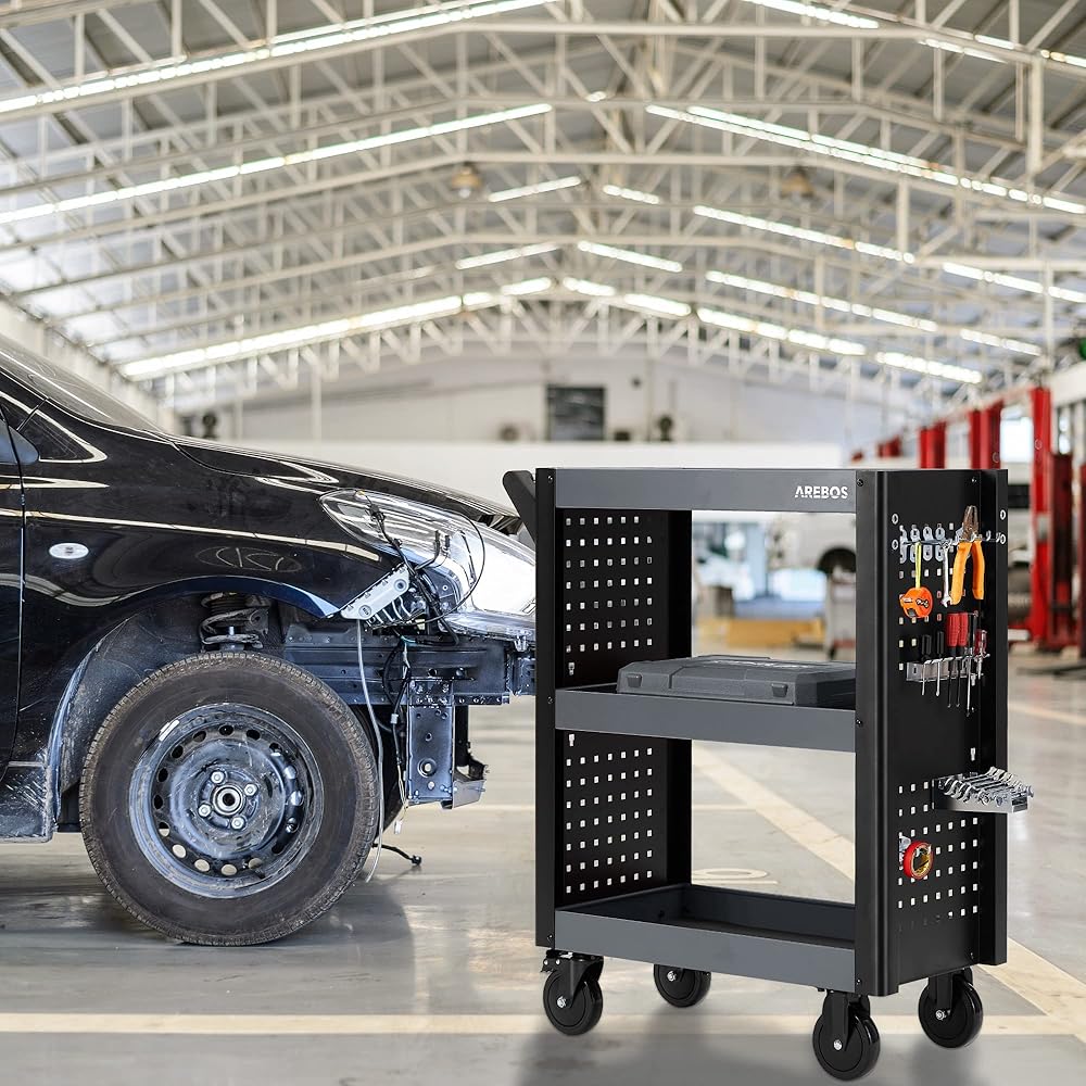 Arebos Chariot de Service 3 Compartiments | Chariot d'atelier | Chariot à Outils | Chariot pour Le Transport et Le Stockage | Chariot à Plateaux Multifonctions | 3 Plateaux : Commerce, Industrie et Science