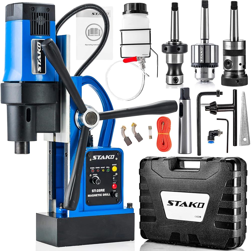STAKO Perceuse magnétique 1800 W avec mallette ST-28RE Ø max. 80 mm – Force magnétique 16500N – Carotteuse portable pour travail des métaux avec Weldon 19 mm et mandrin 3-16 mm et support fileté M3 : Bricolage