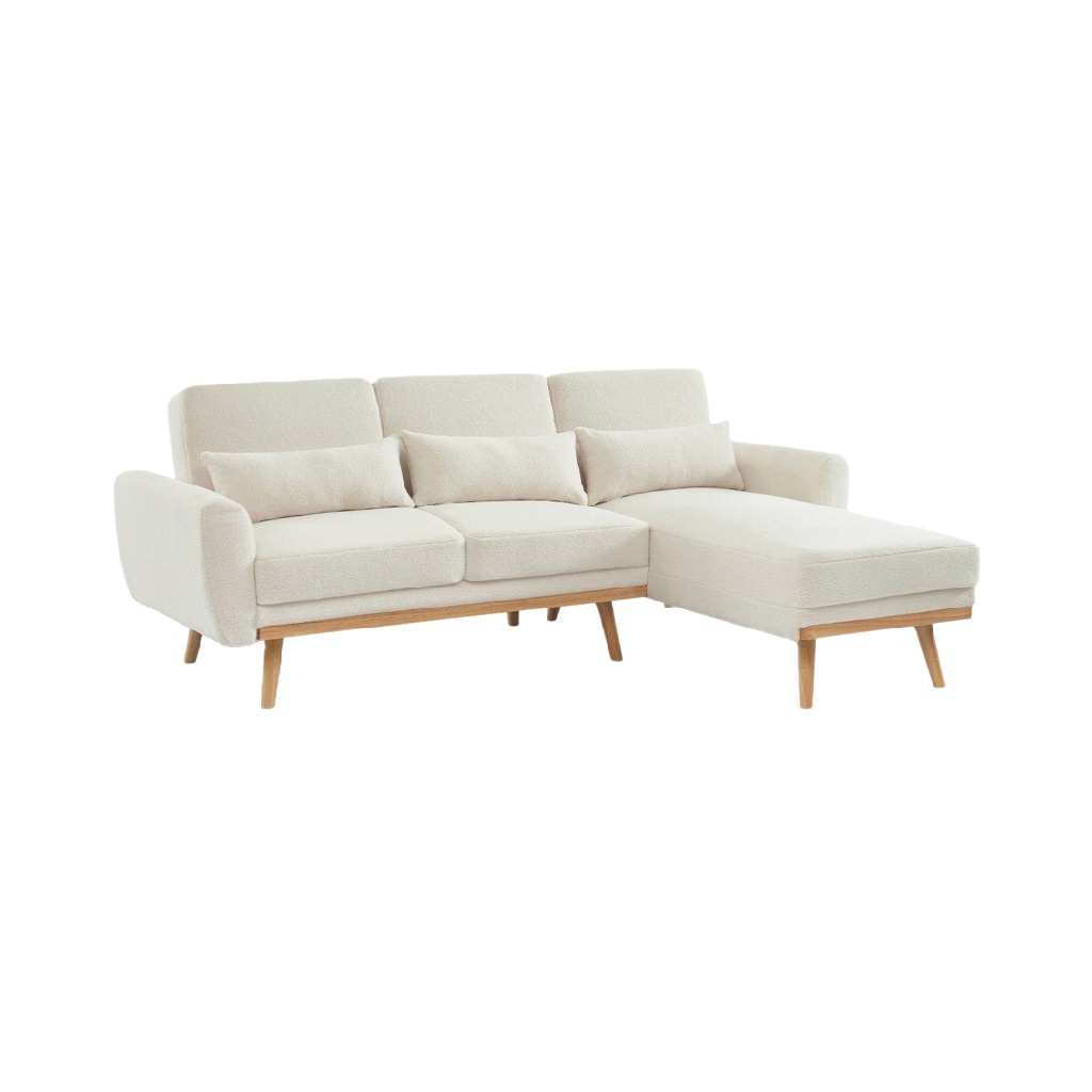 Canapé d’angle scandinave en tissu blanc cassé – pieds bois clair