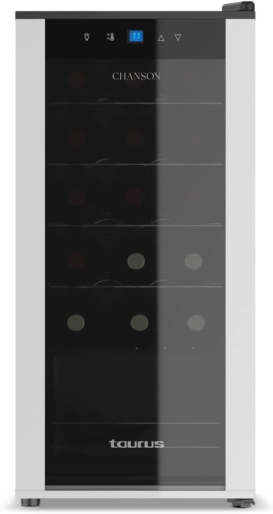 Taurus WC18C - Cave à vin pour 18 bouteilles, silencieux, ne vibre pas, isolation spéciale de l'intérieur, porte vitrée, température réglable, éclairage intérieur, noir
