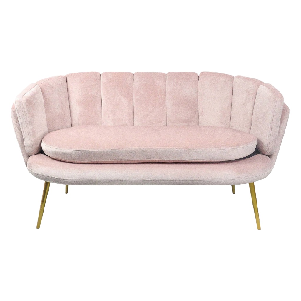 Canapé 2 places en velours rose poudré – design coquillage art déco – pieds dorés