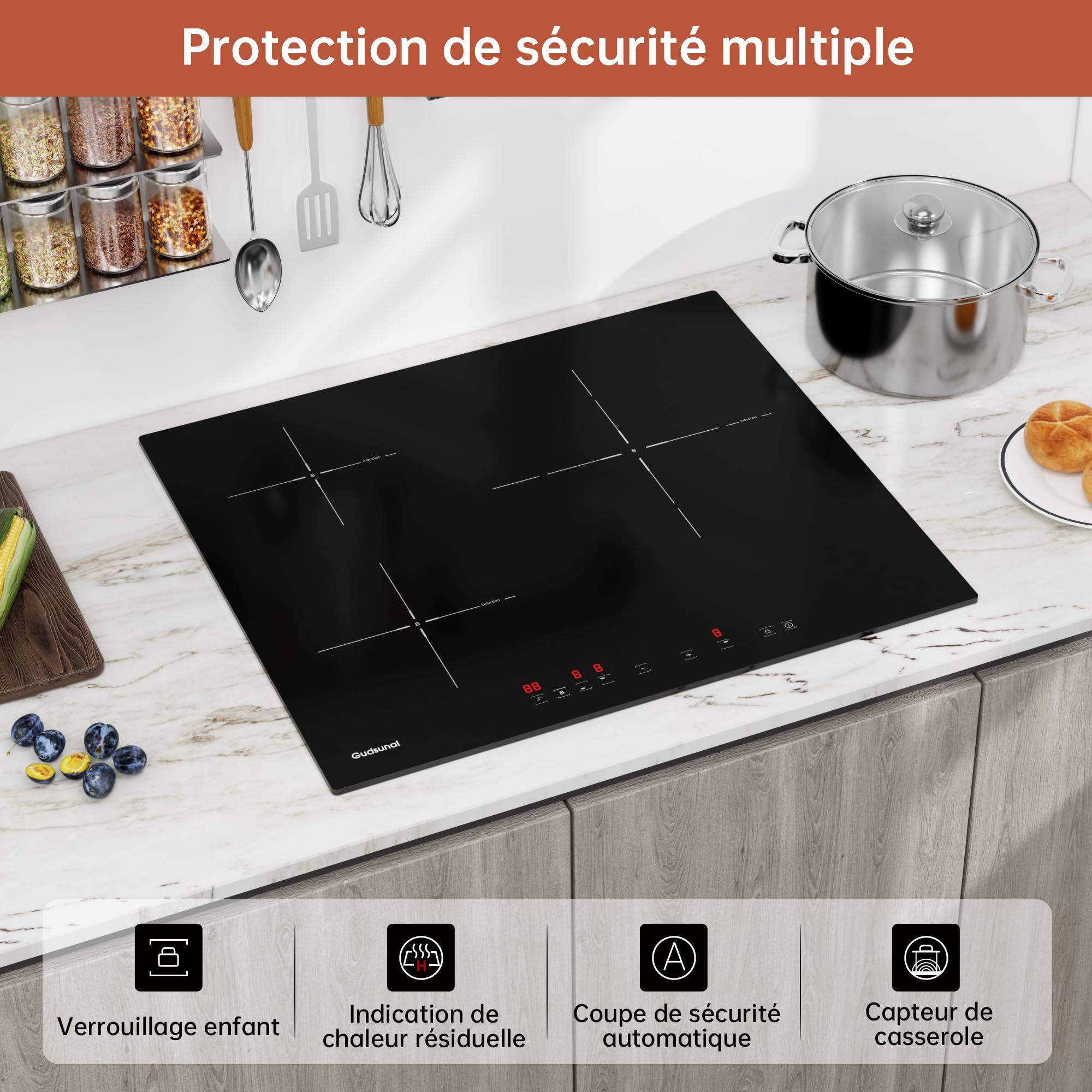 Gudsunal Plaque induction 3 feux, Table de Cuisson Encastrable,7200W, 9 niveaux de chauffage,Boost, Minuterie, Arrêt automatique, Verrouillage de sécu