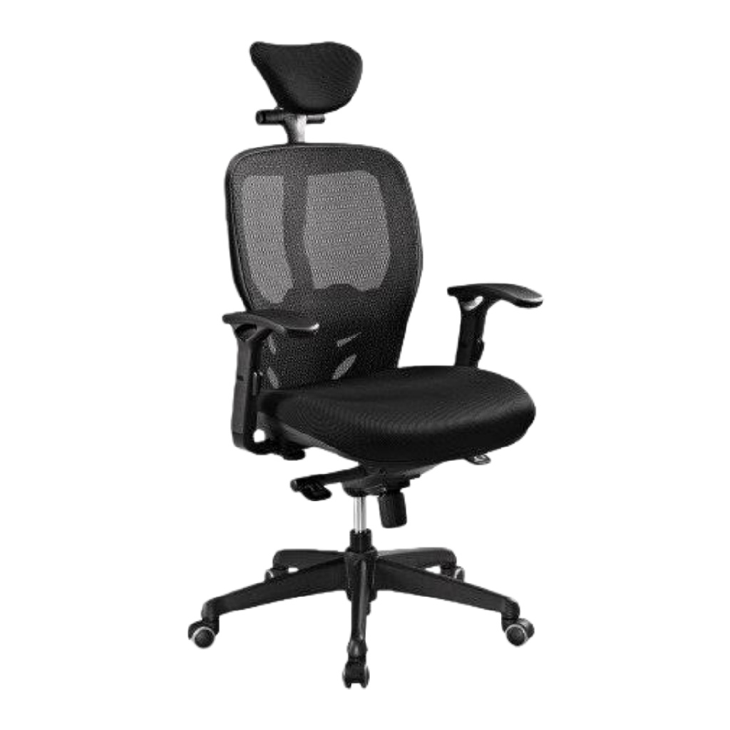Chaise de bureau ergonomique en maille noire avec appui-tête et soutien lombaire ajustables