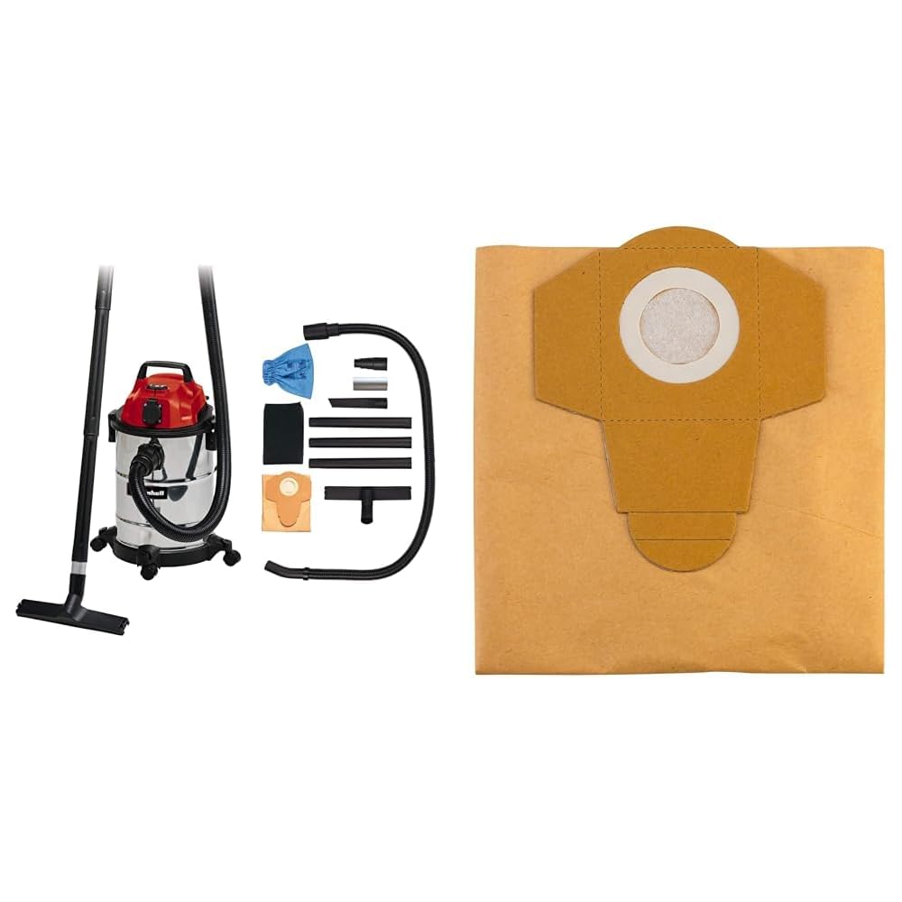 Einhell Aspirateur eaux et poussières TC-VC 1820 SA (1250 W, 180 mbar, Cuve INOX 20 L, Livré avec Accessoires) + Lot 5 Sacs de Rechange 20 litres : Bricolage