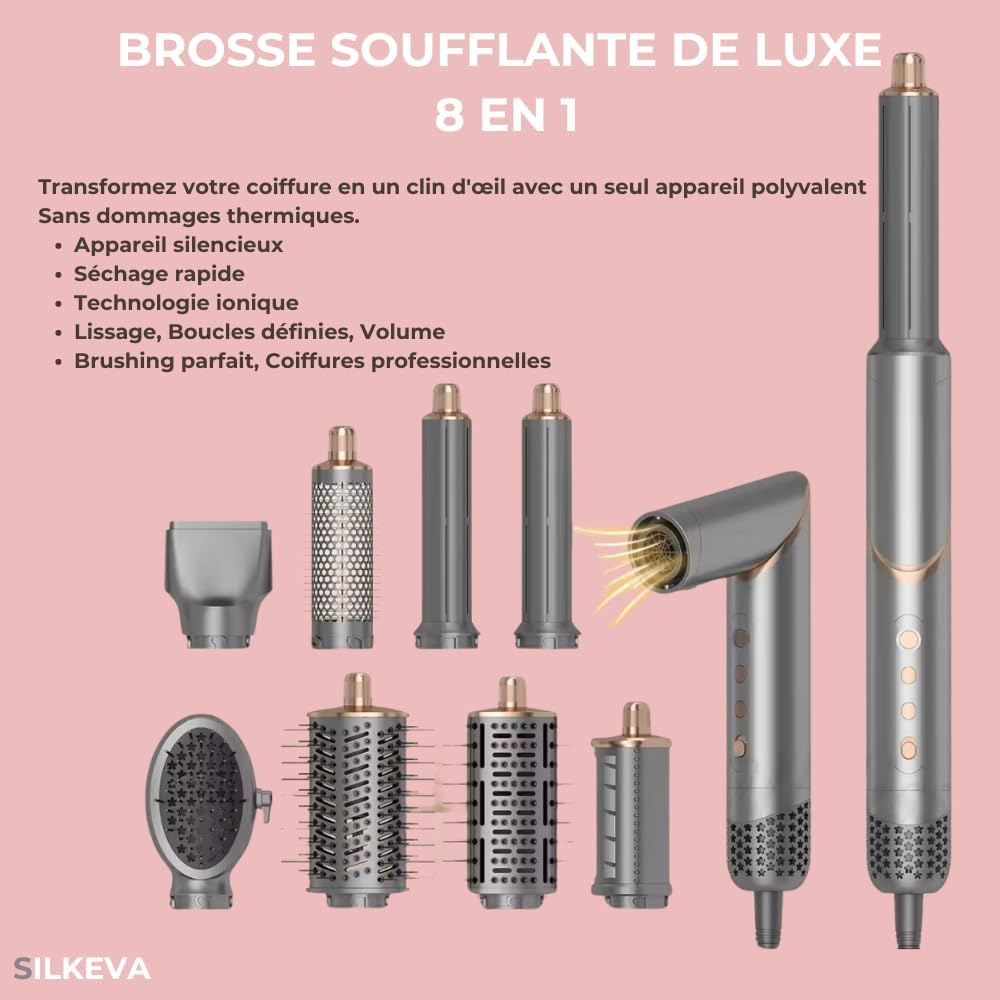 Le Professionnel de SILKEVA : Brosse soufflante ionique 8 en 1. Hot Air Styler Magic Twist. Sèche cheveux 1400W. Lisseur. Boucleur. Volume. Multistyler. Brushing parfait. Cadeau femme.