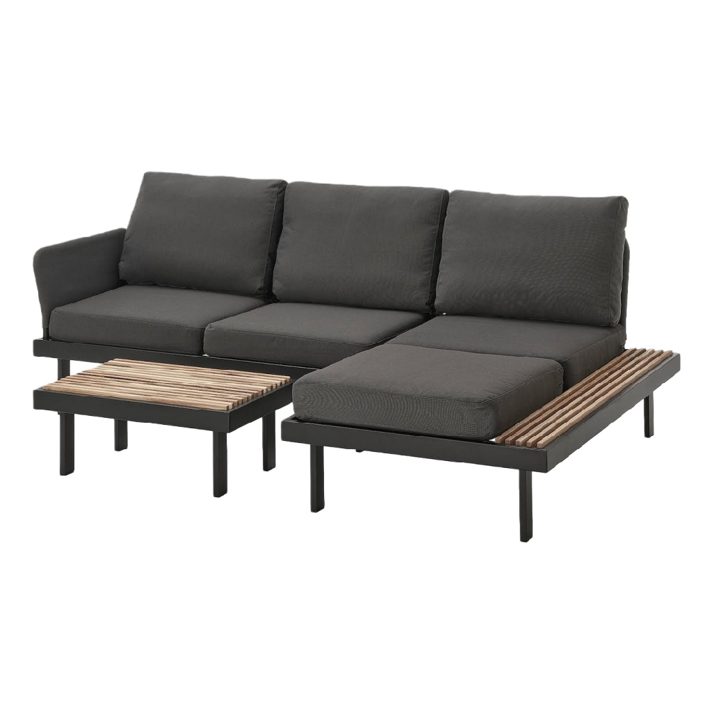 Salon de jardin d’angle 3 pièces en aluminium noir et bois, canapé modulable avec table basse