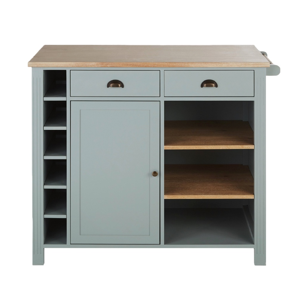 Îlot de cuisine vintage gris-bleu avec plateau en bois naturel – buffet bar avec tiroirs, étagères et range-bouteilles