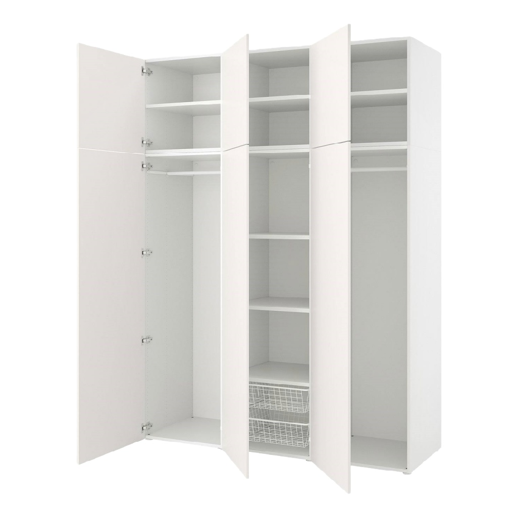 Armoire penderie 3 portes en blanc mat – avec étagères et paniers de rangement – design moderne