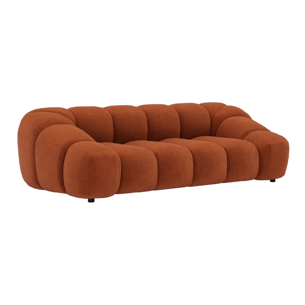 Canapé 3 places en tissu bouclette orange caramel – design arrondi contemporain – confort nuageux et élégant