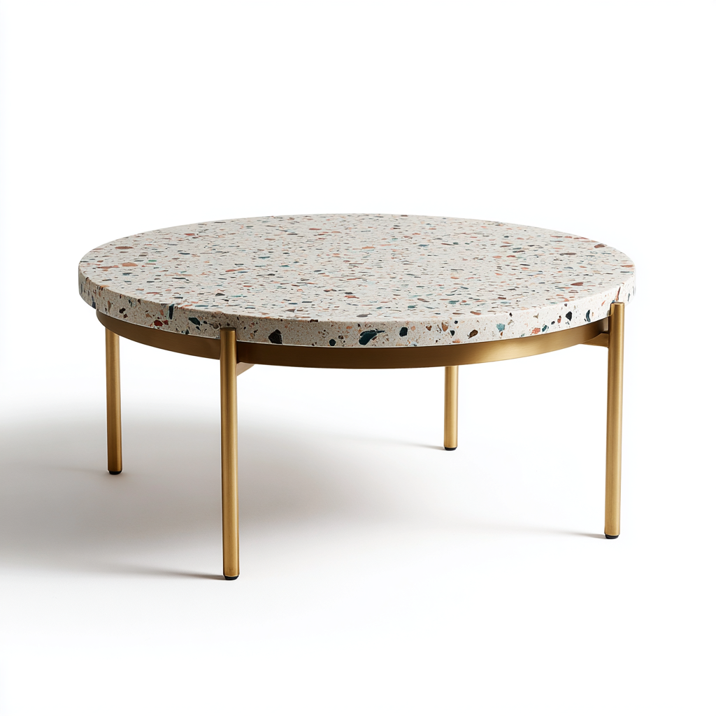 Table basse ronde en terrazzo et métal doré