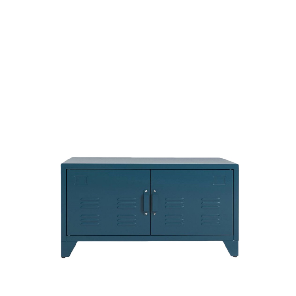 Meuble bas métallique bleu pétrole à deux portes — style industriel moderne