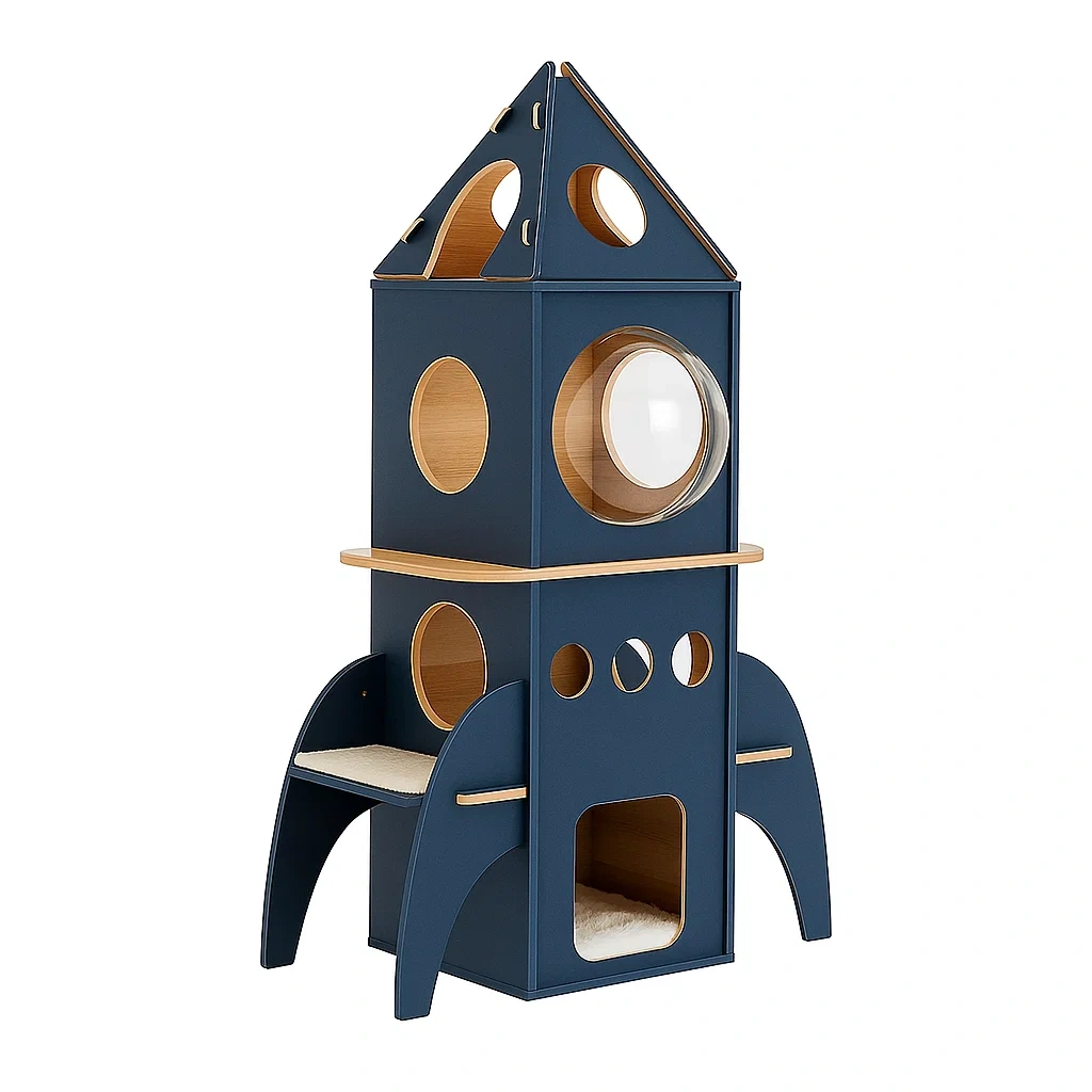 Arbre à chat fusée en bois MDF bleu
