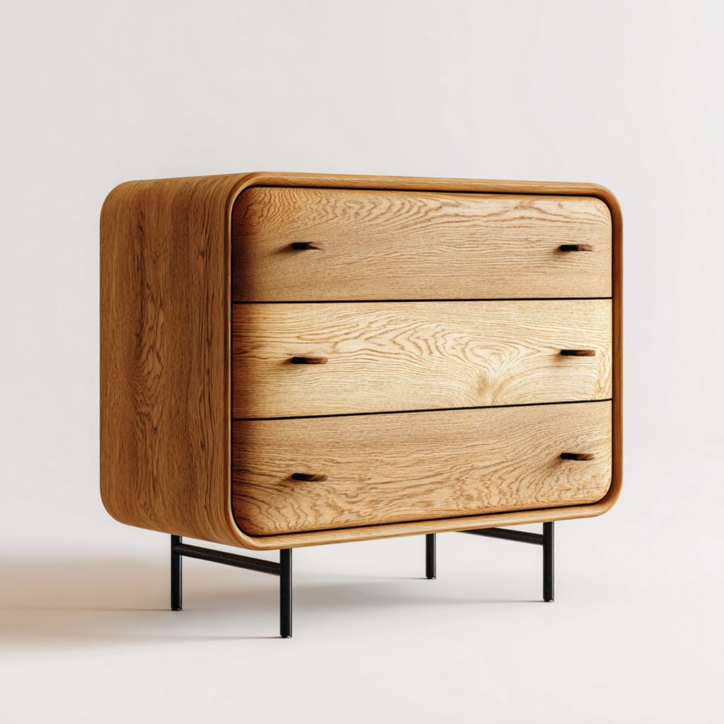 Commode 3 tiroirs en chêne arrondi sur pieds en métal noir
