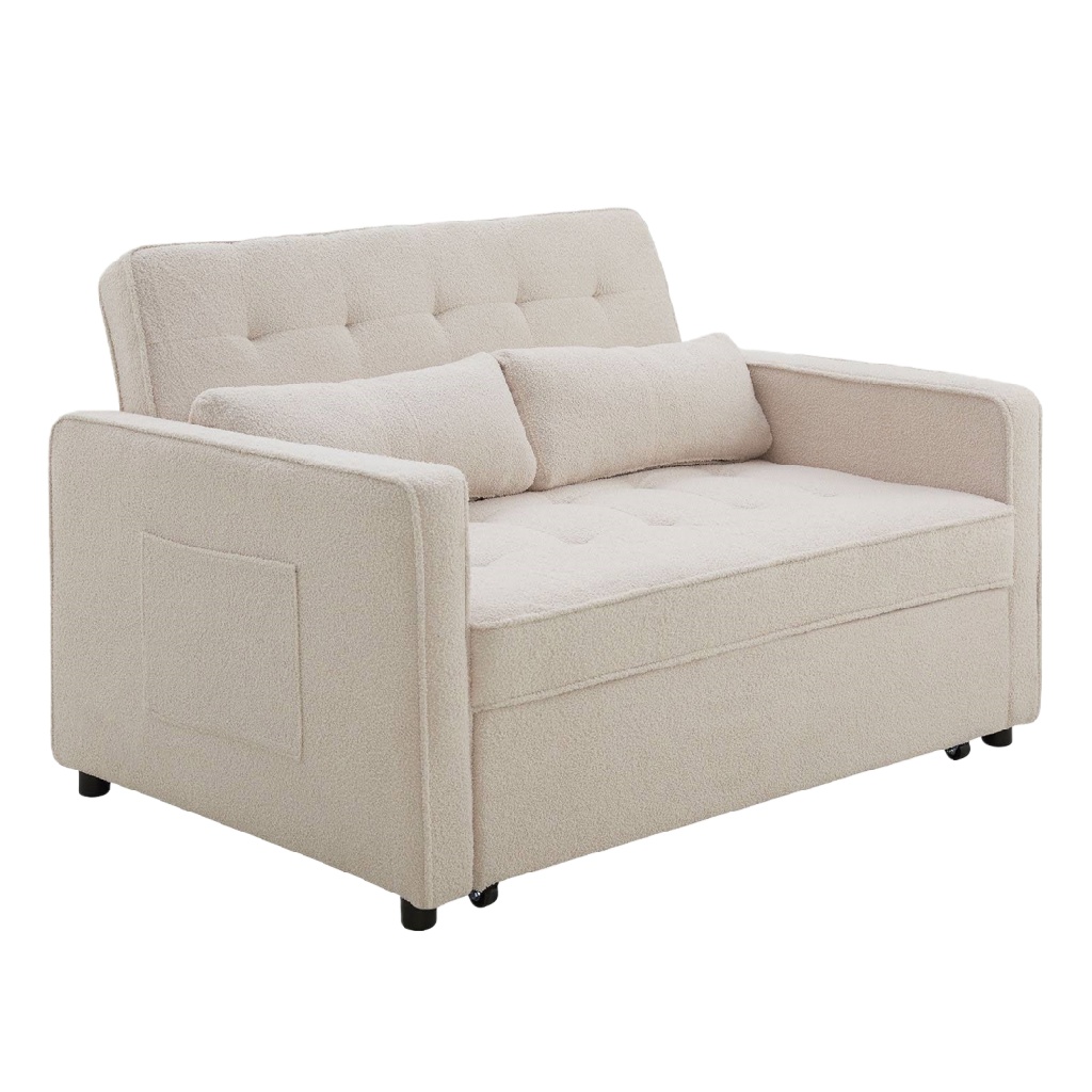 Canapé-lit 2 places en tissu bouclette blanc crème – design compact et confortable