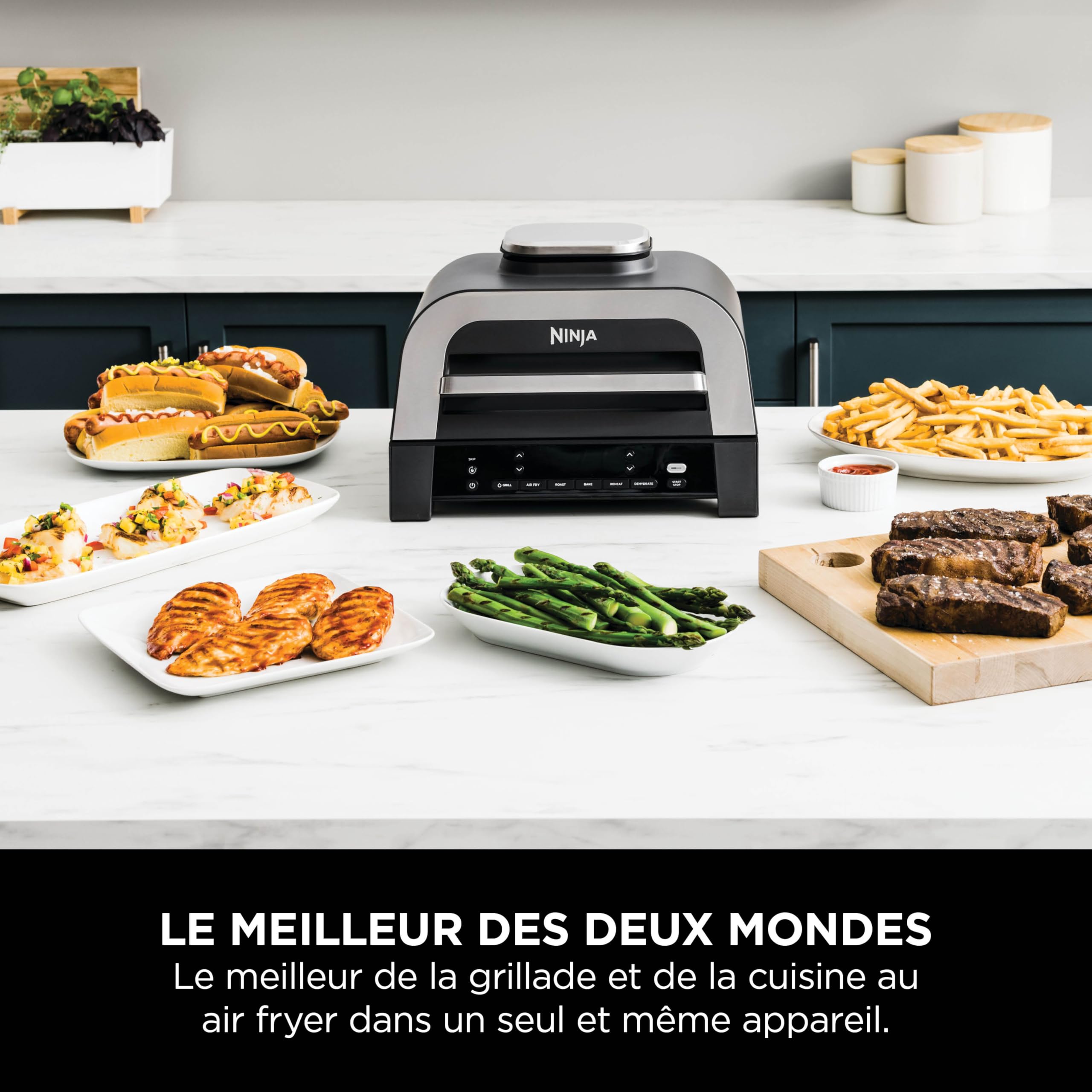 Ninja MAX 6-en-1 Grill d’intérieur et friteuse sans huile, 6 modes, cuit jusqu’à 6 hamburgers, capacité 3,8 l, faible dégagement de fumée, thermomètre