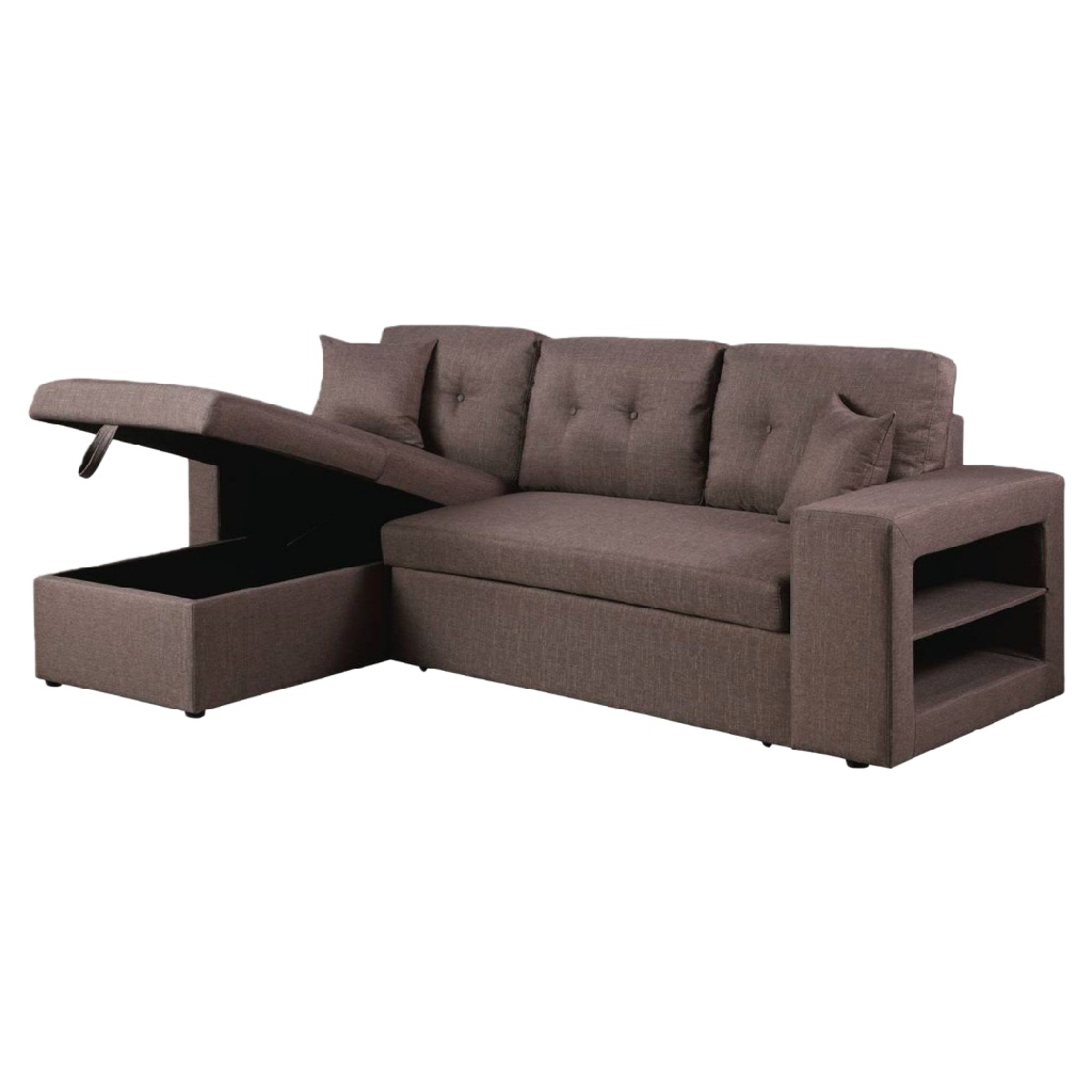 Canapé d’angle convertible avec coffre et étagères latérales – Tissu brun, 3 places