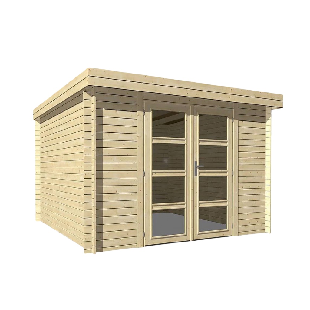 Abri de jardin en bois à toit plat – double porte vitrée – design moderne – couleur bois naturel
