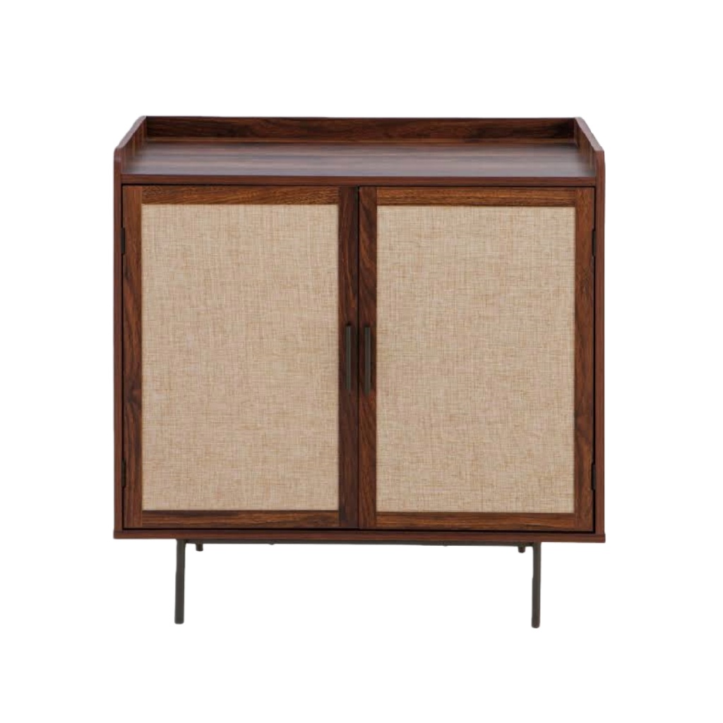 Buffet vintage en bois noyer et tissu — 2 portes — style rétro / mid-century — meuble de rangement compact
