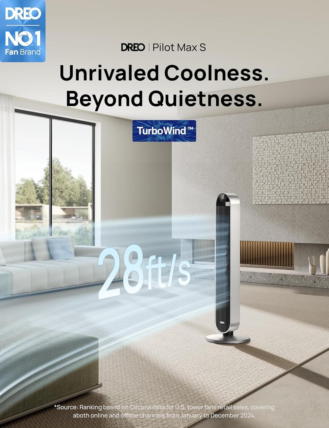 Dreo 25dB leiser Smart Turmventilator mit Sprachsteuerung, WiFi Alexa Ventilator, APP Steuerung, 120° Oszillierender Standventilator, 12 Geschwindigkeiten, 4 Modi, 12-Stund-Timer, Pilot Max S