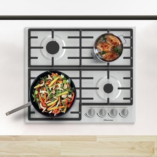 Hisense GM663XB Plaque de cuisson à gaz, 4 zones de cuisson, largeur 60 cm, brûleur wok double couronne et grilles en fonte, allumage intégré, anti empreintes digitales en acier inoxydable : Gros électroménager