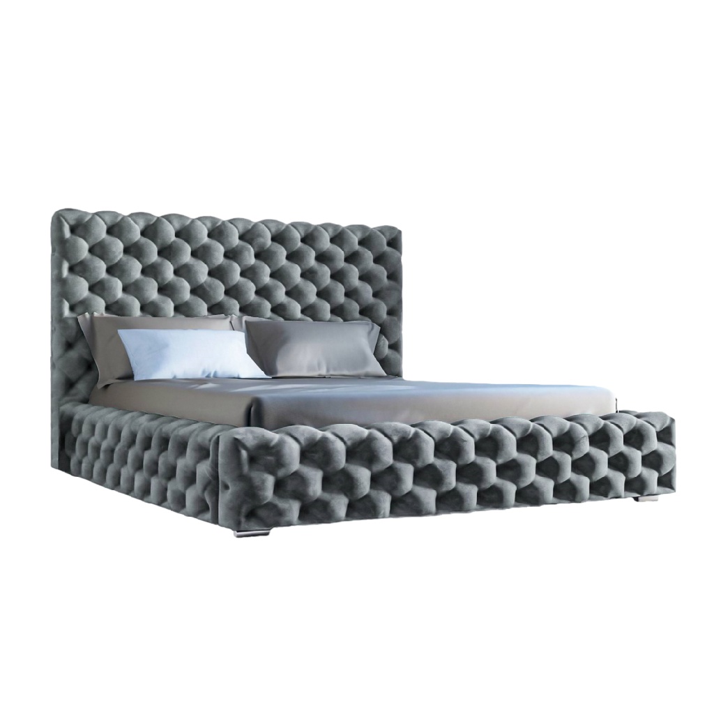 Lit double en velours gris capitonné à motif 3D — Design luxueux