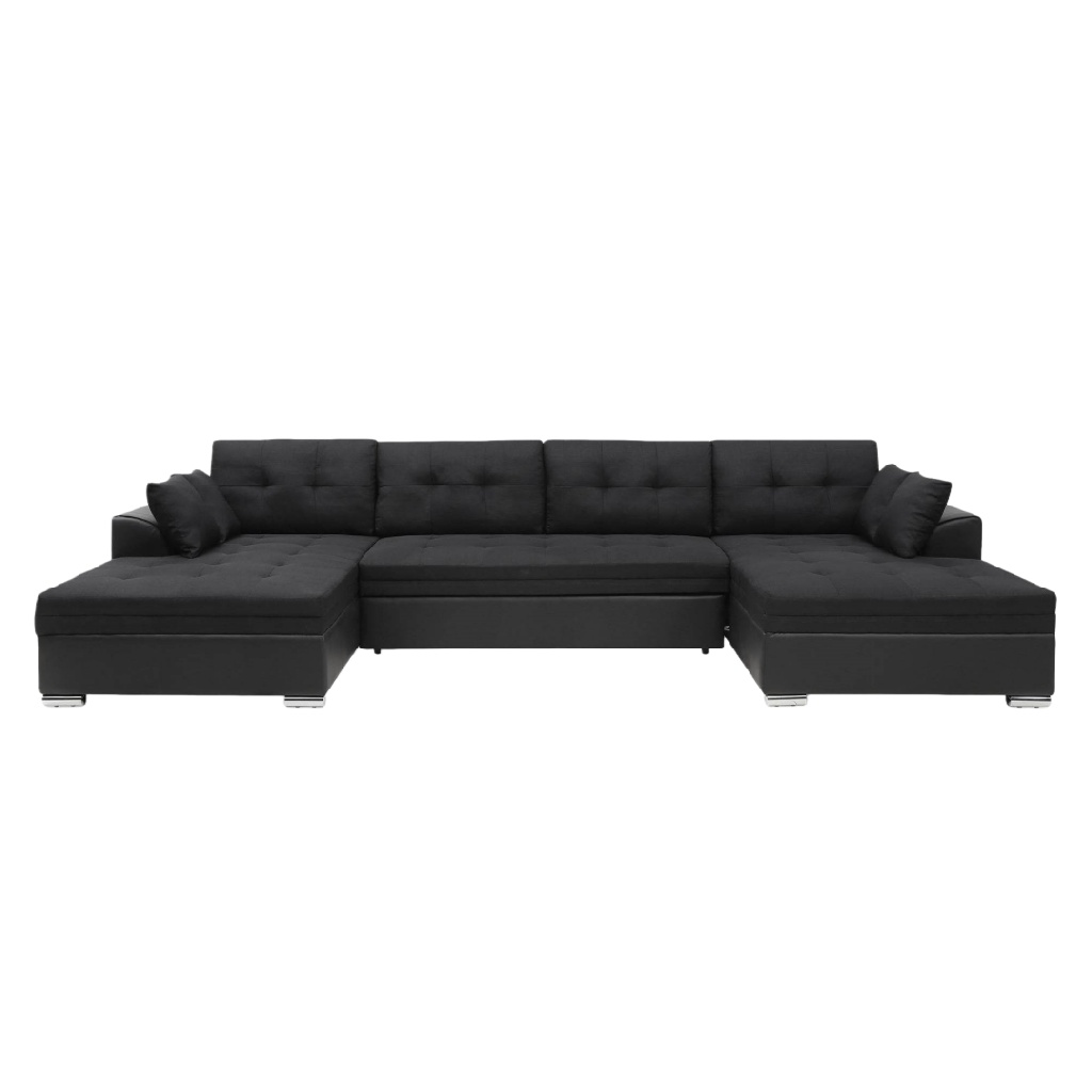 Canapé d’angle en U XXL convertible en tissu noir – 8 places – design moderne avec coffre de rangement