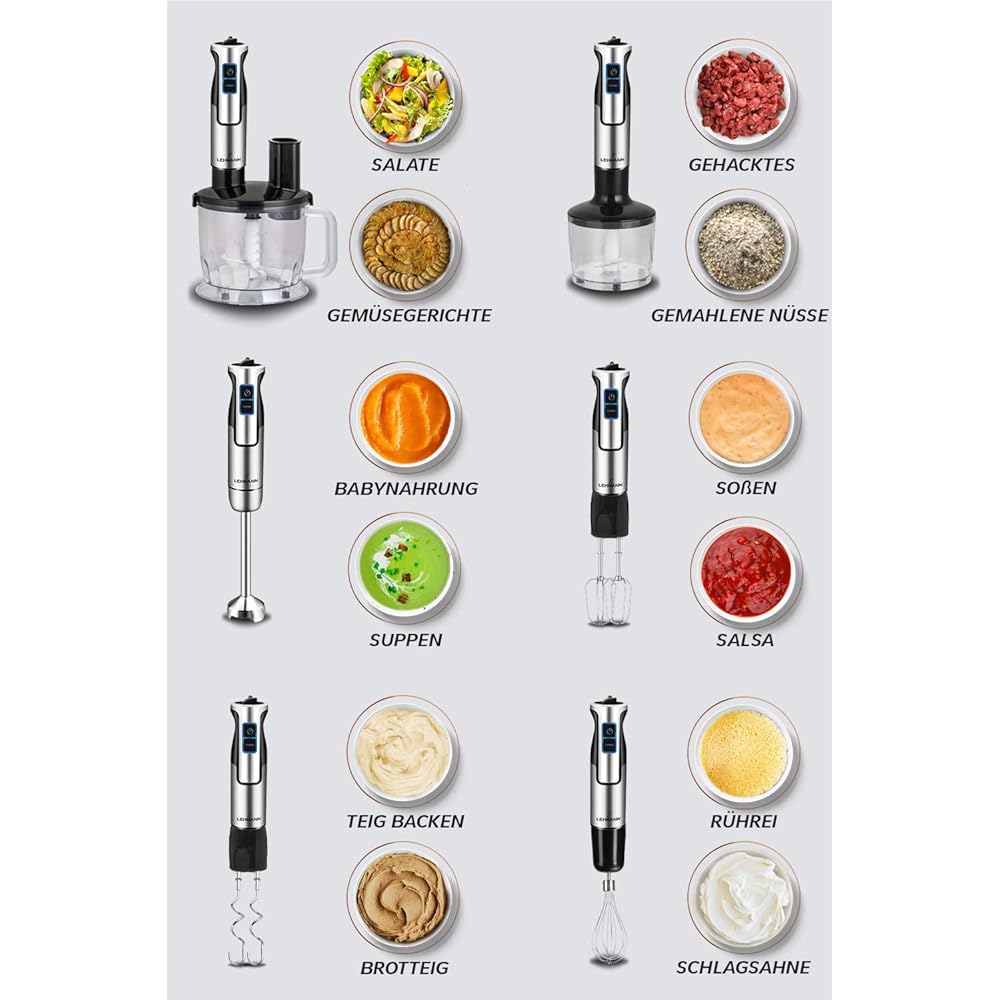 Lehmann Chopsui Mixeur plongeant 1200 W, Mixeur Plongeur avec 8 niveaux de vitesse en acier inoxydable, Mixeur blender pour Aliments pour Bebe, Soupe, Sauce et Purée, 9 Accessoires du mixer inclus : Cuisine et Maison