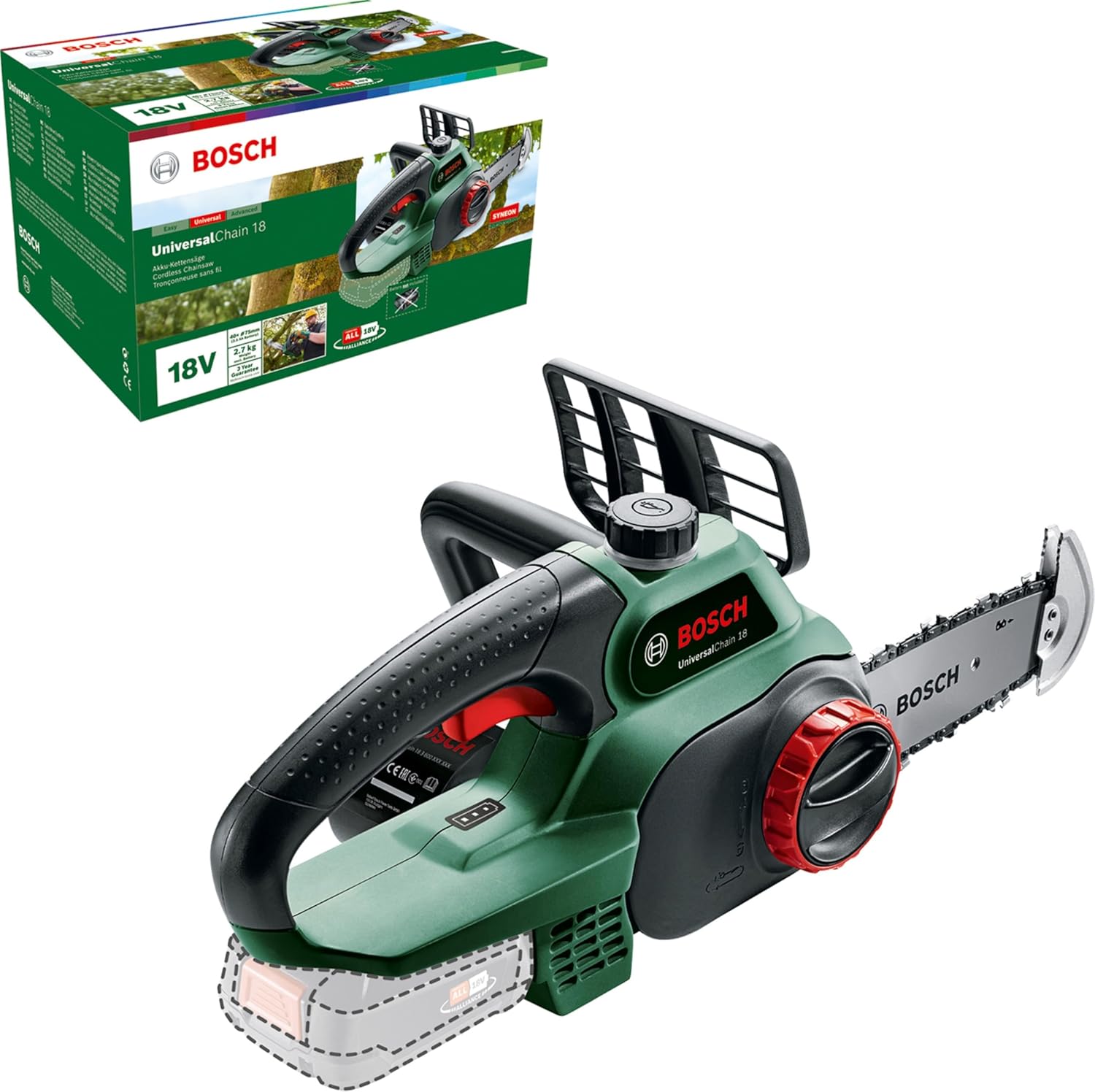 Bosch Home and Garden Trononneuse sans fil - UniversalChain 18 (Livrée sans batterie ni chargeur, avec huile 80 ml, système 18V, longueur de guide: 20cm) 06008B8001 Vert