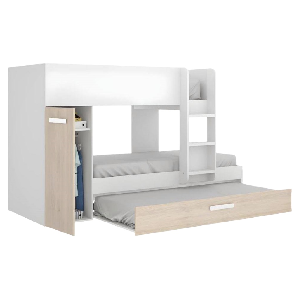 Lit superposé 3 en 1 avec armoire et tiroir — Design blanc et bois clair