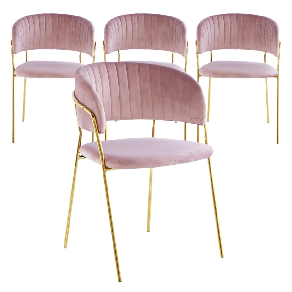 Lot de 4 chaises en velours rose avec pieds dorés – Style moderne chic